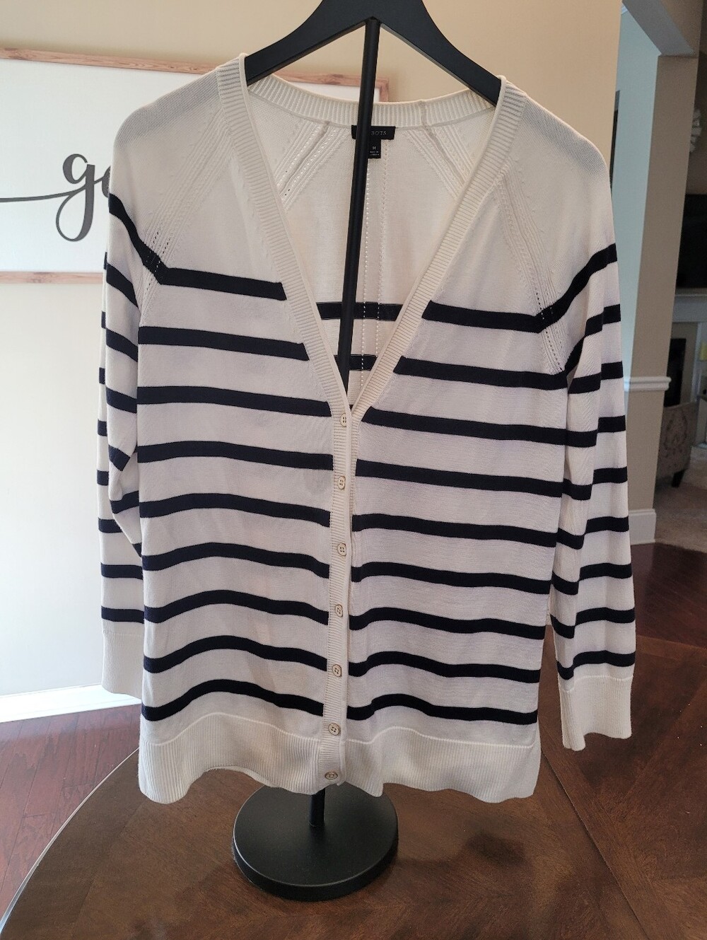 Talbots Striped V-Neck Button Cardigan Sweater - White & Navy